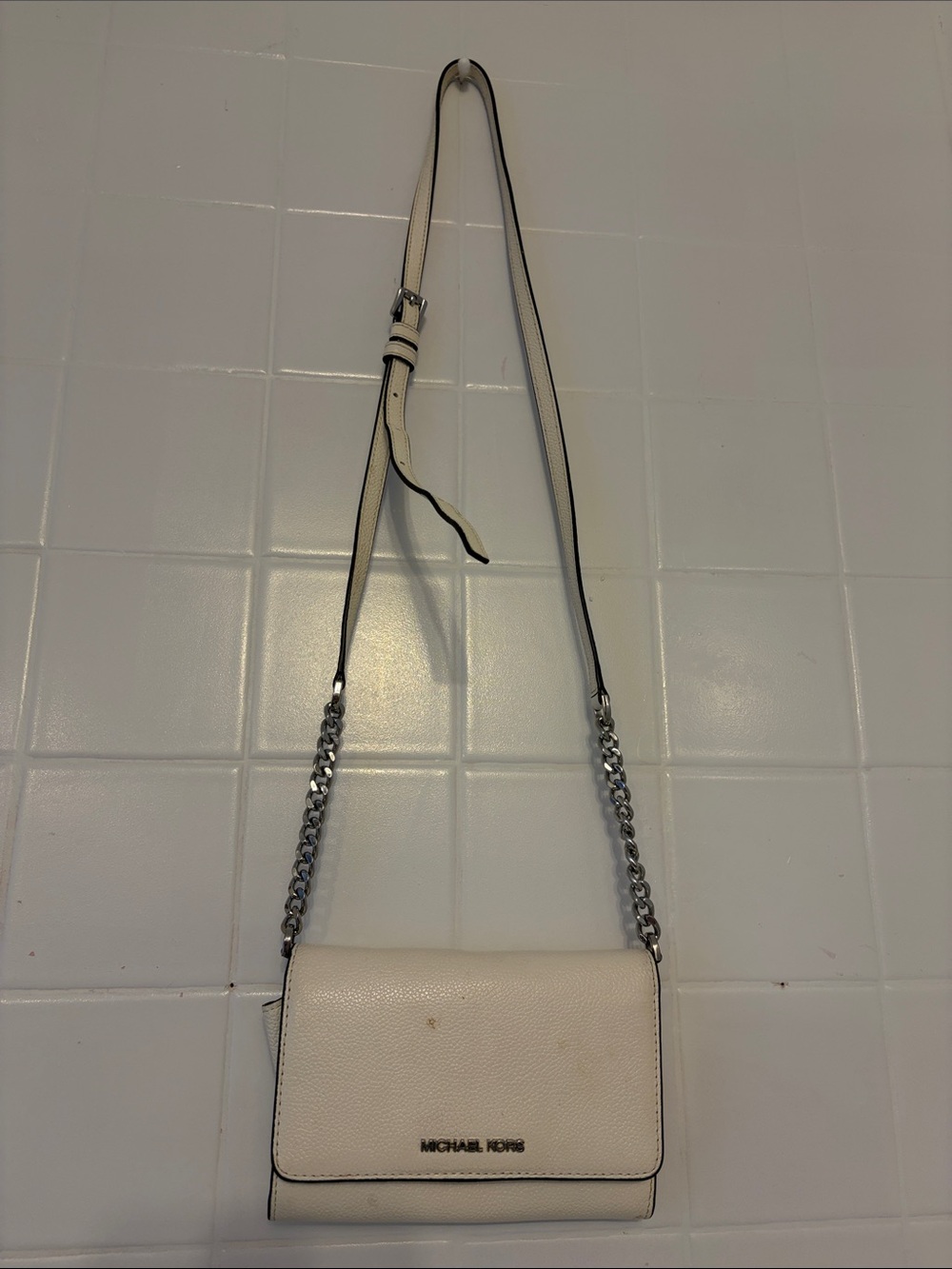 Michael Kors Cream Leather Crossbody with Silver Chain Strap